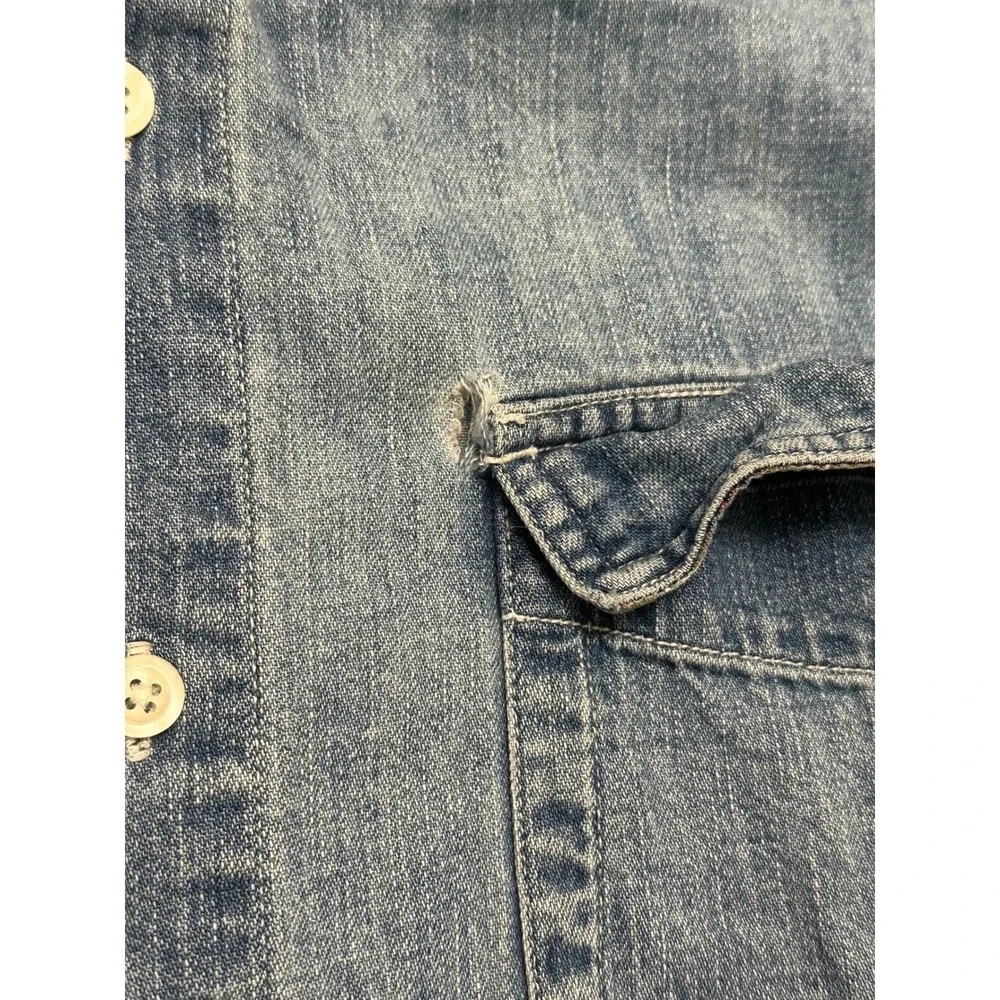 Vintage Banana Republic Distressed Denim Plaid Cuff Button Up Shirt Men Sz L